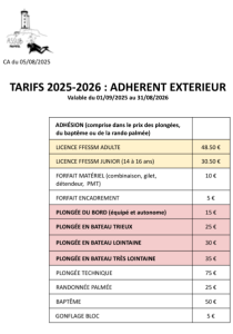 Tarifs 2025/2026 plongeur ext